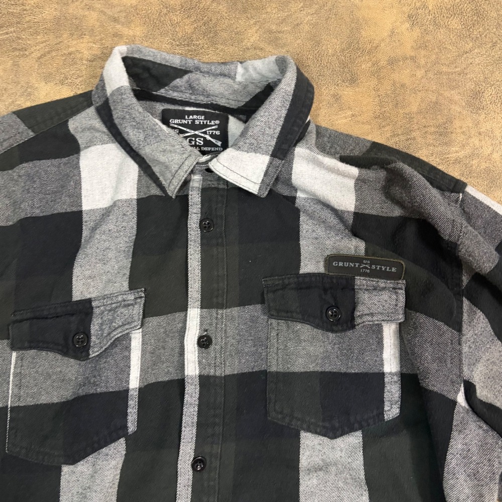 Grunt Style Flannel Shirt Mens Large Black Grey Plaid GS3563 Button Up